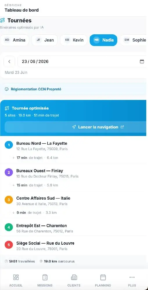 Tournée optimisée — interface agent GéoFiche
